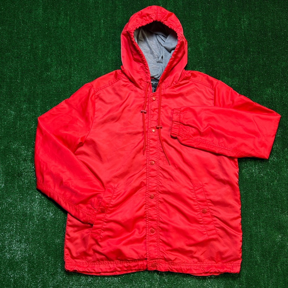 Forever 21 Men Windbreaker Hooded Snap Front Jacket Red XL